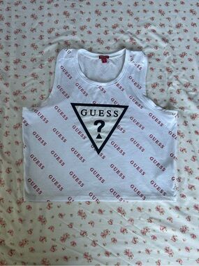 GUESS White Tank Top with Red Logo Repeat